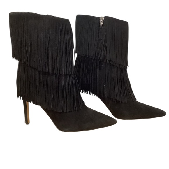 Sam Edelman Black Fringe Suede Heeled Boots Size 9.5 - Picture 1 of 11
